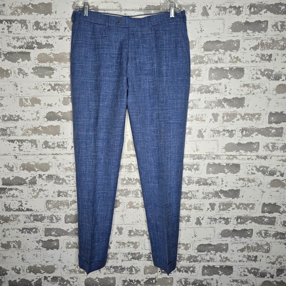 Suitsupply Brescia Blue Linen Wool Silk Blend Dress Pants Mens 34x31 Cuffed Flat